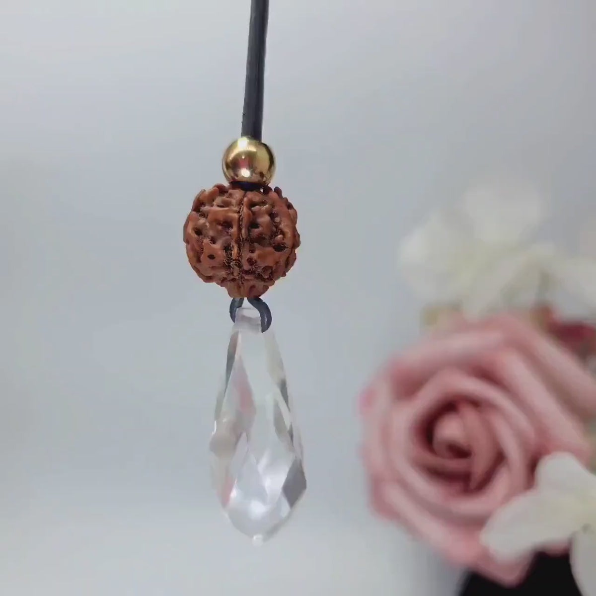 Clear Quartz Point Necklace, Chunky Rudraksha Seed Zen Jewelry, Spiritual Meditation Amulet Pendant, Adjustable Leather Cord