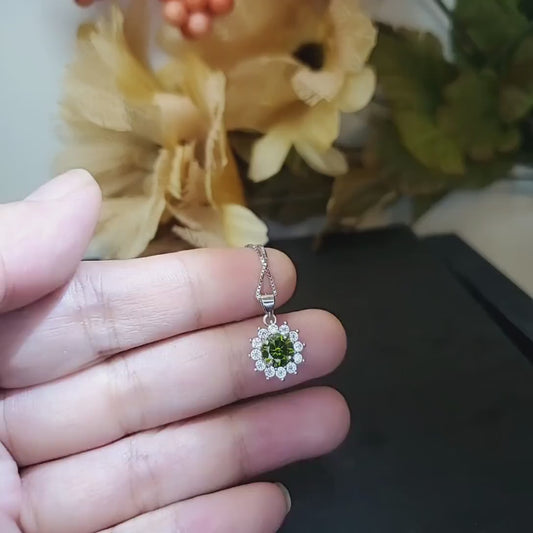 Minimalist Green Peridot Necklace Sterling Silver Sunflower Princess Diana Style August Birthstone Tiny Green Gemstone Pendant 030