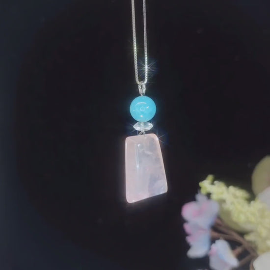 Natural Rose Quartz & Aquamarine Pendant, Sterling silver Chain Necklace, Healing Stone chunky stone jewelry #2094