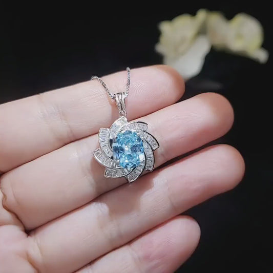 Blue Aquamarine Spiral Necklace White Gold coat Sterling Silver Gemstone Milky Way Spiral Galaxy Energy Vortexes Windmill Pendant 3 CT #817B