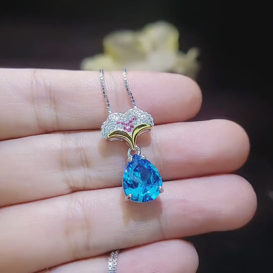Pear Cut Blue Topaz Necklace Gemstone Ginkgo biloba Leaf Pendant Large 3.5 CT Swiss Blue Topaz Pendant - 18KGP Sterling Silver Teardrop #879
