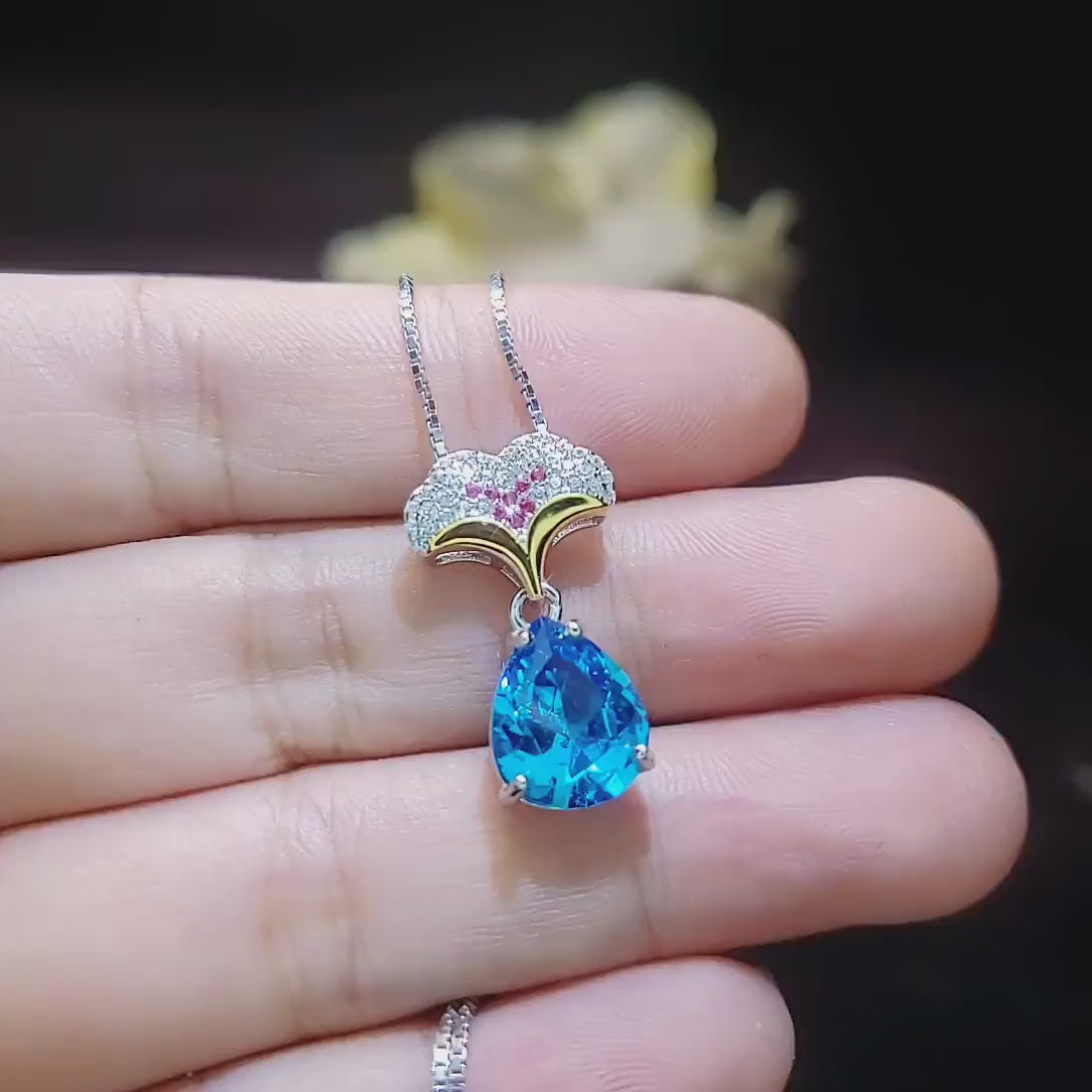 Pear Cut Blue Topaz Necklace Gemstone Ginkgo biloba Leaf Pendant Large 3.5 CT Swiss Blue Topaz Pendant - 18KGP Sterling Silver Teardrop #879