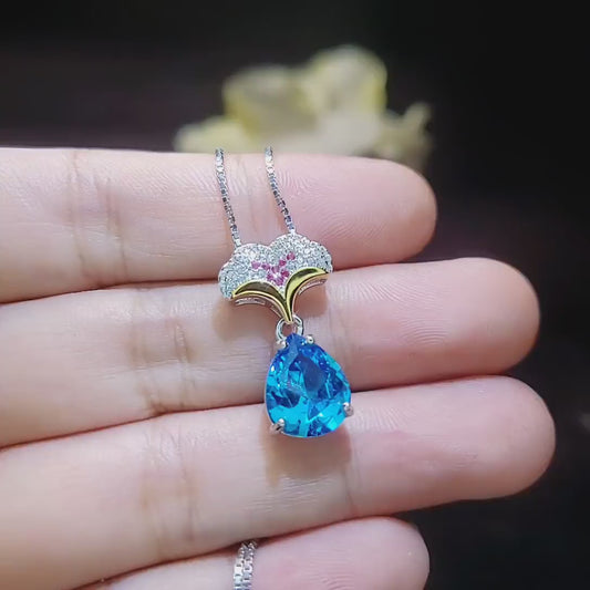 Pear Cut Blue Topaz Necklace Gemstone Ginkgo biloba Leaf Pendant Large 3.5 CT Swiss Blue Topaz Pendant - 18KGP Sterling Silver Teardrop #879