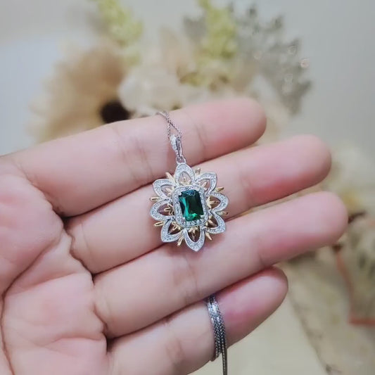 Green Emerald Necklace - Gemstone Water Lily Flower Pendant - 18KGP @ Sterling Silver -  1 CT Emerald Jewelry - Goddess Athena Necklace #651