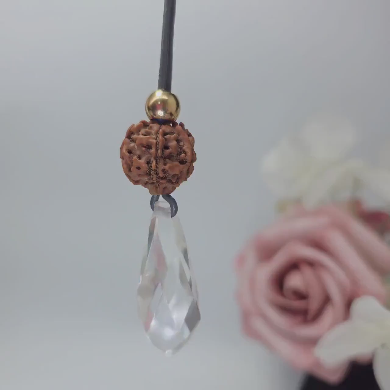 Clear Quartz Point Necklace, Chunky Rudraksha Seed Zen Jewelry, Spiritual Meditation Amulet Pendant, Adjustable Leather Cord