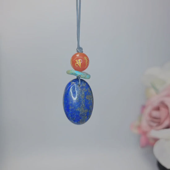 Lapis Lazuli Mantra Pendant Necklace, Geometric Turquoise Red Carnelian Chunky Jewelry, Adjustable Leather Cord up to 24 inches #2542