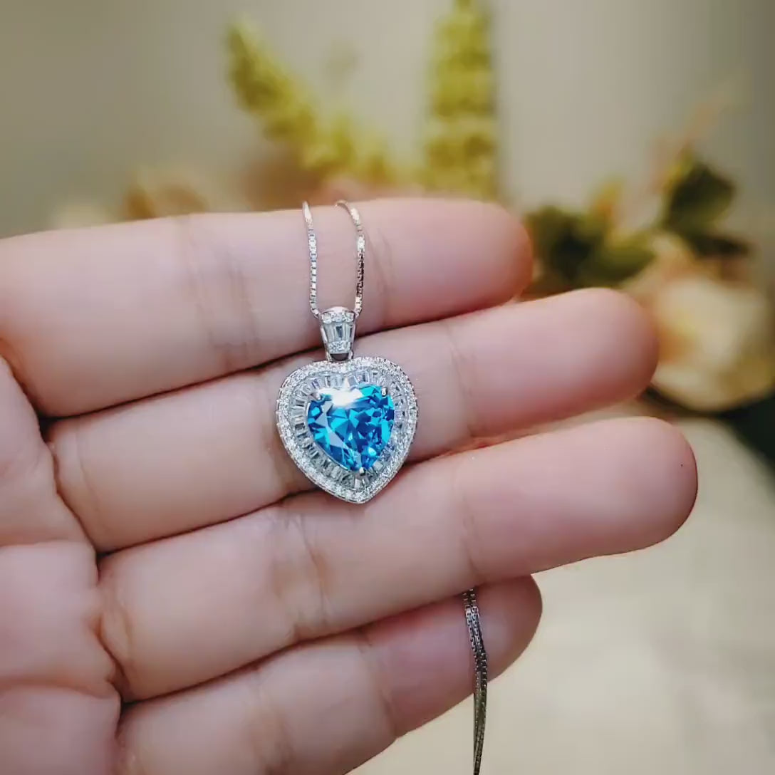 Blue Topaz Heart Necklace White Gold Coated Sterling Silver  Gemstone Heart Pendant Blue Topaz Jewelry  #950