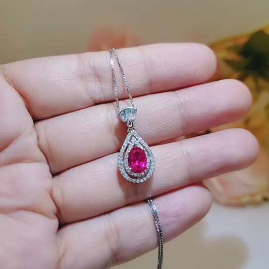 Ruby Necklace - Dainty Teardrop 925 Sterling Silver Ruby Jewelry - Tiny Halo Double Gemstone circle Red Gemstone Pendant #250