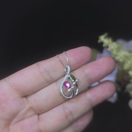 Dainty Ruby Necklace, Sterling Silver Green Peridot Necklace, Delicate Gemstone Flower High Quality Red Ruby Peridot Pendant #237