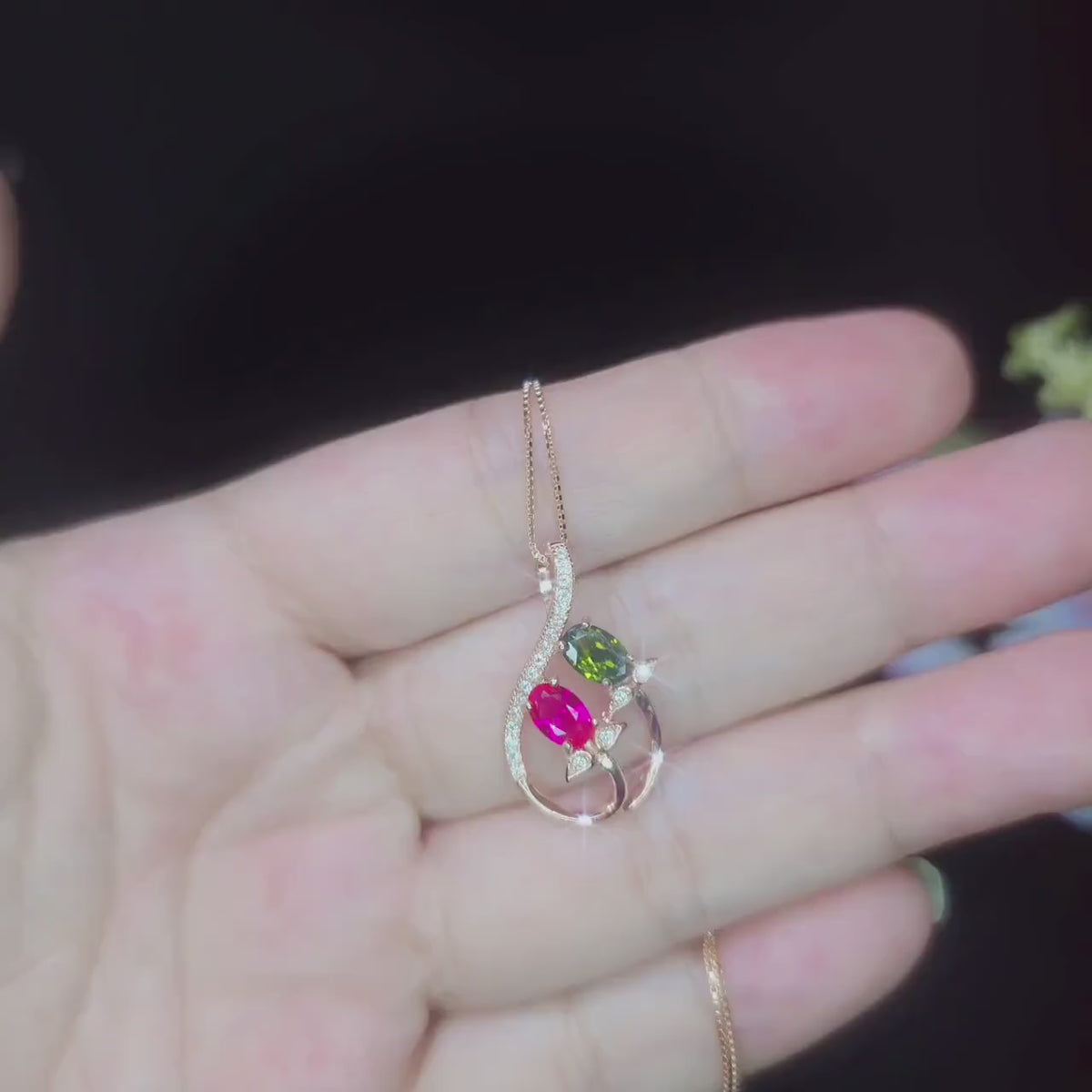 Dainty Ruby Peridot Necklace, Rose gold coated Sterling Silver Green Peridot Pendant,  Flower Red Ruby Peridot birthstone #1000