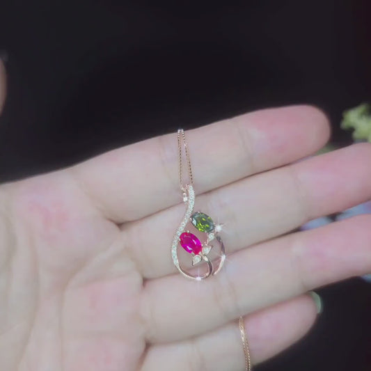 Dainty Ruby Peridot Necklace, Rose gold coated Sterling Silver Green Peridot Pendant,  Flower Red Ruby Peridot birthstone #1000