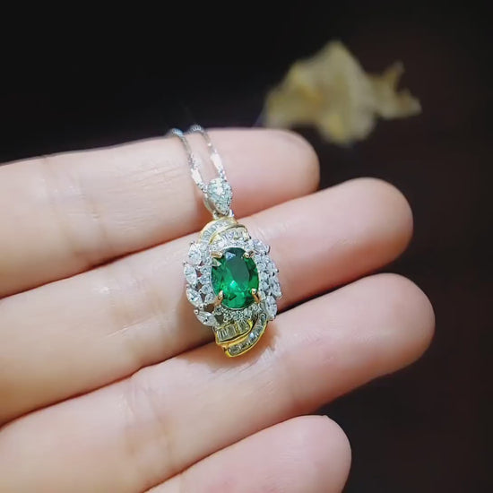 Oval Emerald Necklace - Life Spiral 1.5 CT Green Gemstone Pendant  Spiritual Gemstone Flower  Silver Gold Halo May Birthstone #641