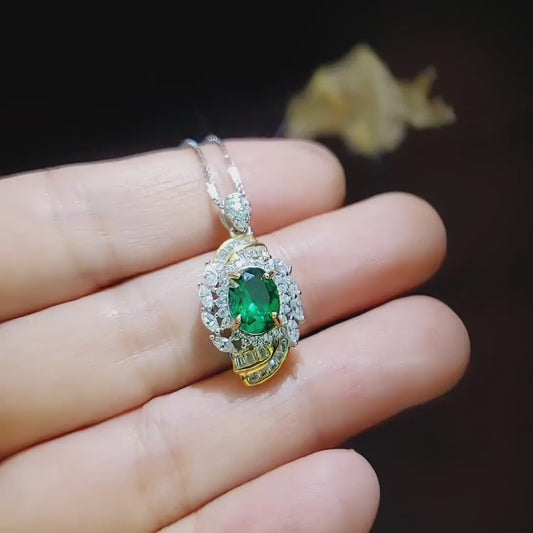 Oval Emerald Necklace - Life Spiral 1.5 CT Green Gemstone Pendant  Spiritual Gemstone Flower  Silver Gold Halo May Birthstone #641