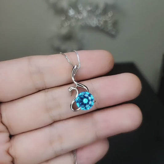 Blue Topaz Necklace - Sterling Silver Swan Pendant - 2 Ct Blue Topaz  White Gold Coated Solitaire Single Simple Bird Pendant #162