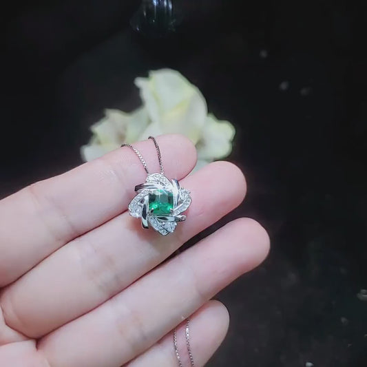 Tiny Square Emerald Necklace - 18kgp @ Sterling Silver - Gemstone Windmill Necklace - Mini Green Emerald Jewelry #304