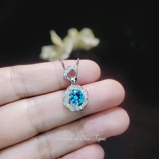 Blue Topaz Necklace - Silver Rose Flower Necklace - White Gold coated - November Birthstone - Dainty Gemstone Flower Blue Topaz Jewelry #955