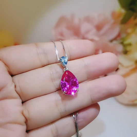 Large Pink Sapphire Necklace -  5.5 CT Teardrop Fuchsia Pink Sapphire Pendant - White Gold Coated Sterling Silver Pink Sapphire Jewelry #747