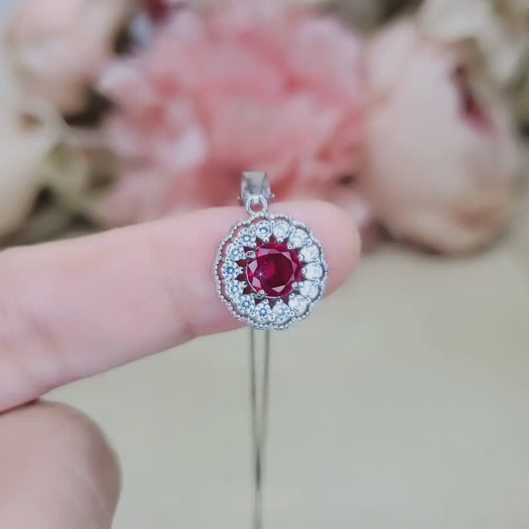 Tiny Ruby Flower Necklace Diamond Cherry Blossoms Sterling Silver White Gold Plated 0.85 CT July Birthstone 1049
