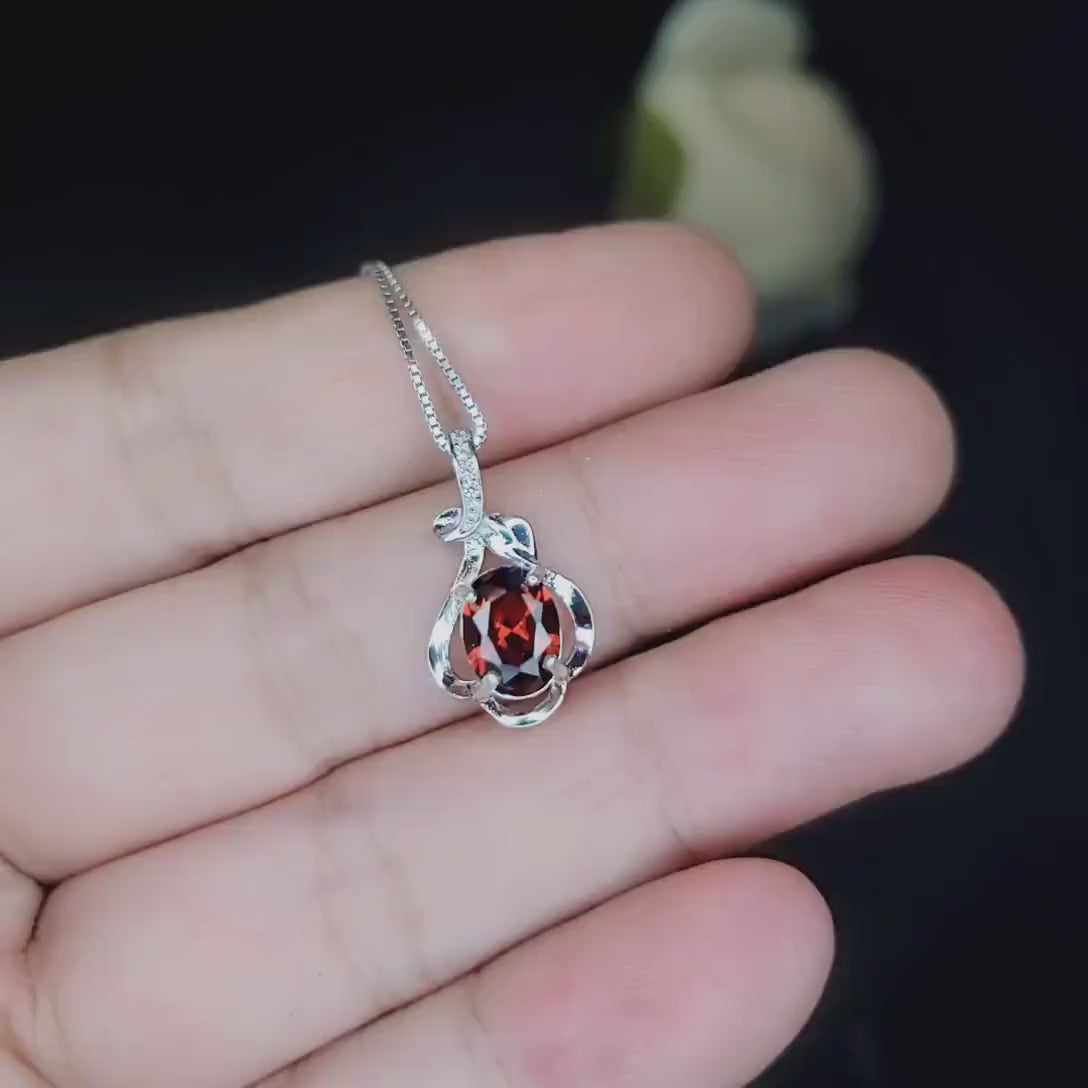 Garnet Necklace, Spessartite Garnet, Sterling Silver - January Birthstone - Minimalist Necklace - Dainty Silver Flower Necklace