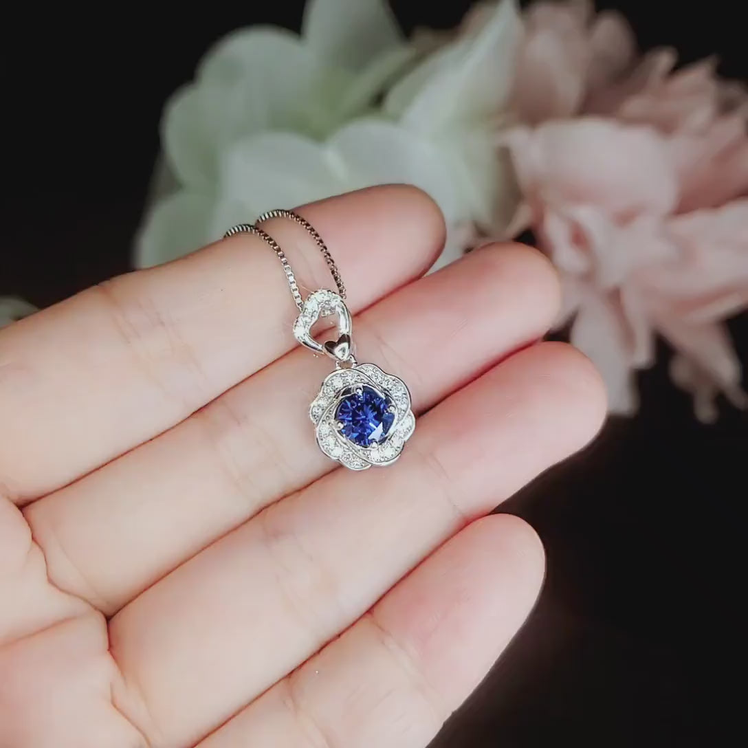 Blue Sapphire Necklace Gemstone Rose flower Pendant - 18KGP @ Sterling Silver - September Birthstone - Dainty Sapphire Pendant Jewelry #956