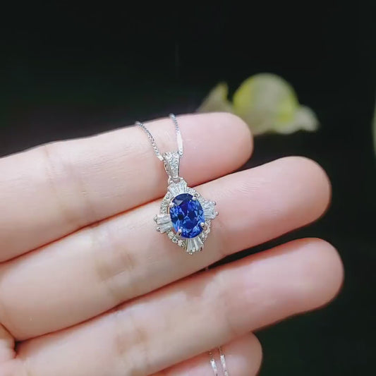 Tanzanite Necklace - 2 CT Oval Cut Diamond Halo Blue Tanzanite Pendant - 18KGP @ Sterling Silver - Solitaire Lab Created  Blue Gemstone #317