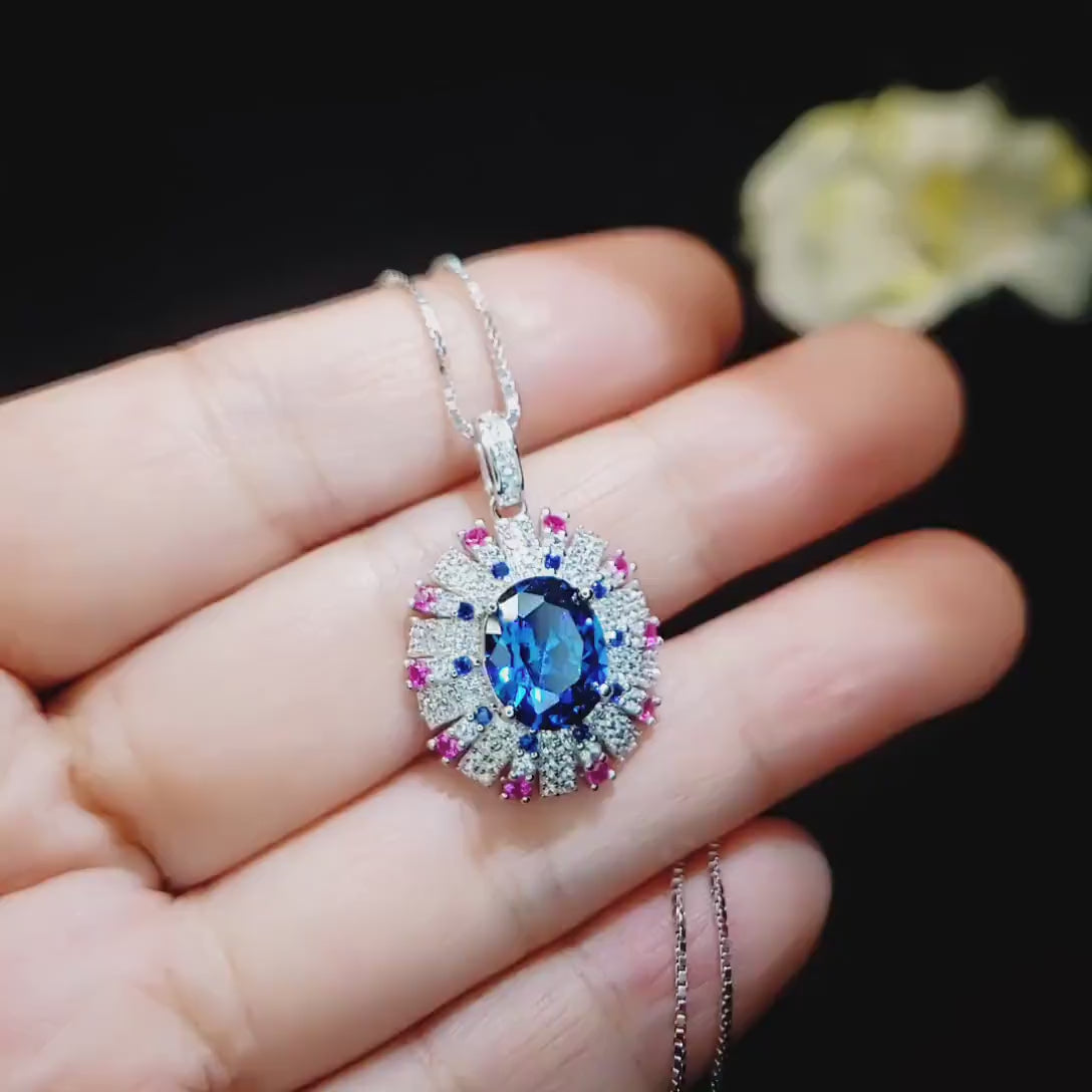 Blue Sapphire Necklace Source Light Style  18KGP @ Sterling Silver - 3 CT Blue Sapphire Pendant -  Radiant Blue Sapphire Jewelry #898