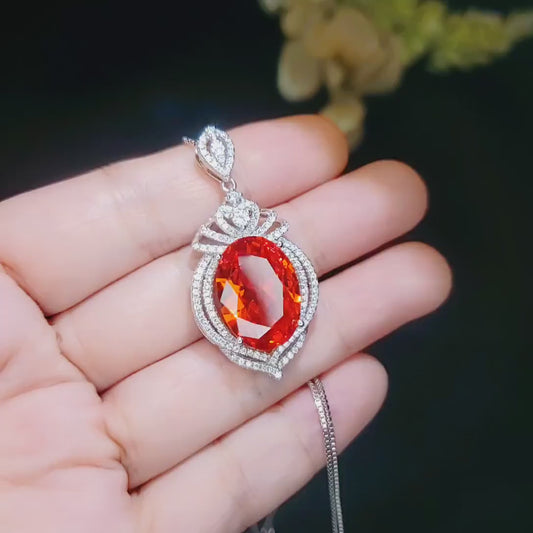 Large Sunstone Necklace, Full Sterling Silver Royal Gemstone Crown  Created Orange Gemstone 13CT Sun Stone Pendant Jewelry #912