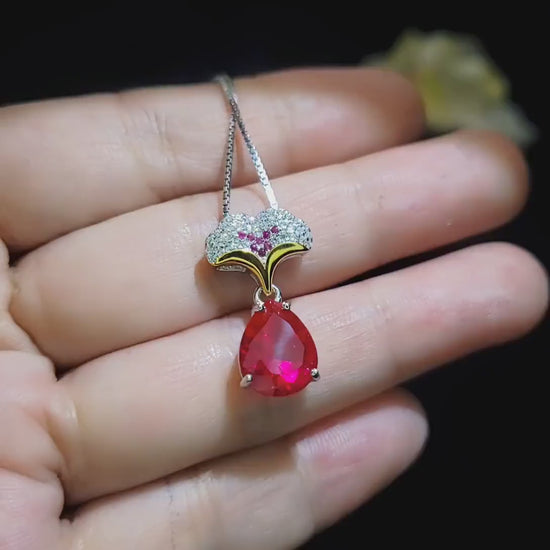 Ruby Necklace - Ginkgo biloba Pendant -  18kgp @ Sterling Silver - Large Teardrop Pear  3.5 CT Red Ruby - Gemstone Leaf Jewelry #867