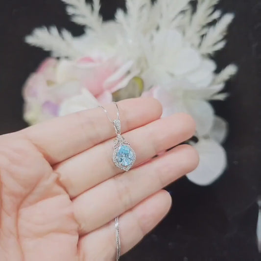 Aquamarine Necklace - 18KGP @ Sterling Silver Blue Aquamarine Pendant -  Mini Teardrop Blue Gemstone March Birthstone #297