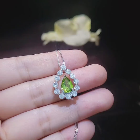 Natural Teardrop Peridot Necklace  Dainty Genuine Green Peridot Pendant Gemstone Rounded Halo Green Gemstone August Birthstone Jewelry #499