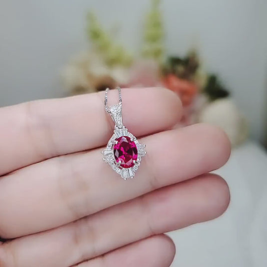 Sterling Silver Red Ruby Necklace, High Quality  Ruby Halo Solitaire July Birthstone Red Gemstone Pendant White Gold plated #134
