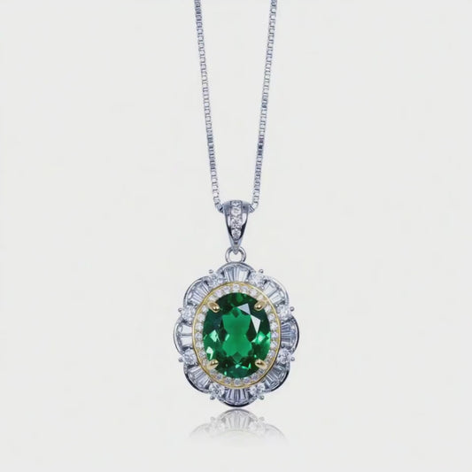 Emerald Necklace - 18KGP @ Sterling Silver - Gemstone Flower  Emerald Pendant  - May Birthstone Green Jewelry #622