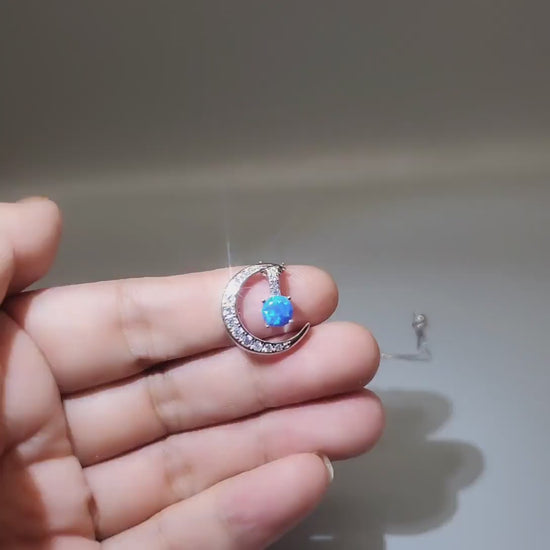 Crescent Blue Opal Moon Necklace Full 925 Sterling Silver Two Pendant wear Opal Pendant #225