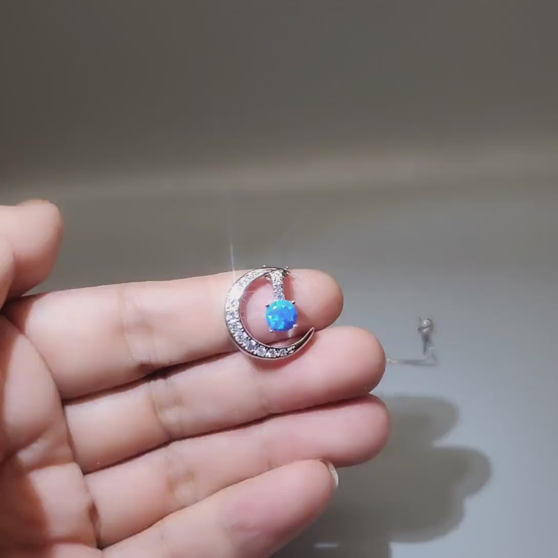 Crescent Blue Opal Moon Necklace Full 925 Sterling Silver Two Pendant wear Opal Pendant #225