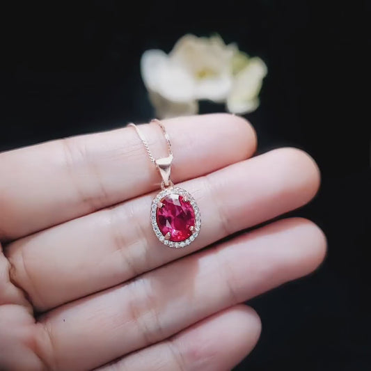 Solitaire Ruby Necklace, Rose Gold Sterling Silver Oval Red Ruby Jewelry - High Quality Gemstone Halo Ruby Pendant #129