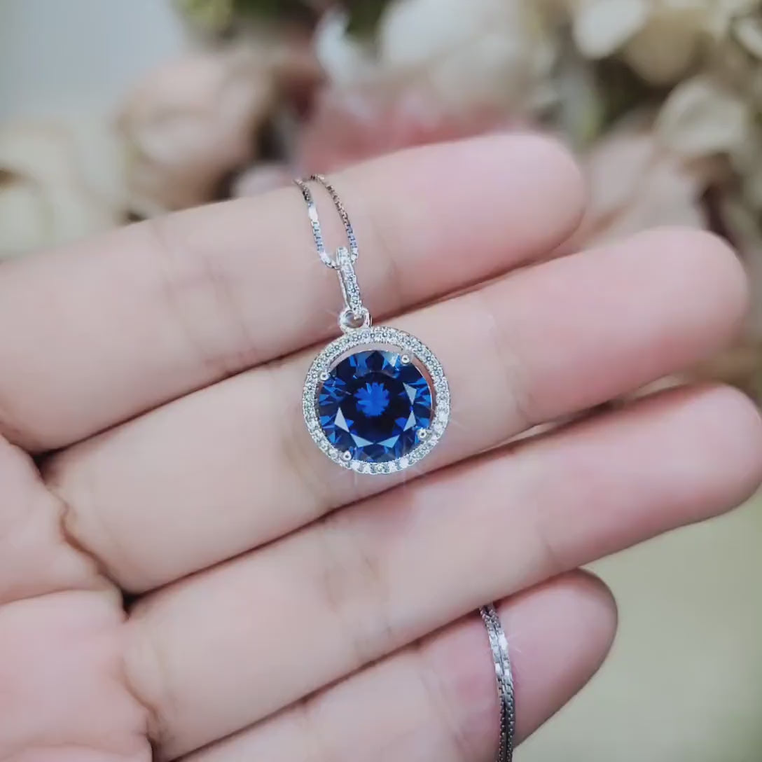 Halo 4 Ct Sapphire Necklace White Gold Plated Sterling Silver Sim Gemstone Round Lab  Blue Gemstone Pendant Large Dainty September #507