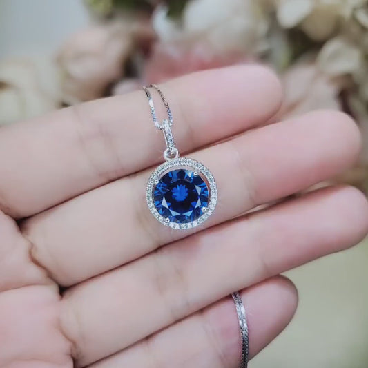 Halo 4 Ct Sapphire Necklace White Gold Plated Sterling Silver Sim Gemstone Round Lab  Blue Gemstone Pendant Large Dainty September #507