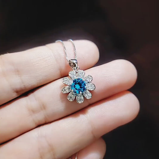 Blue Topaz Necklace -  Blue Topaz Pendant -  Sunflower Necklace - 18KGP Sterling Silver 047
