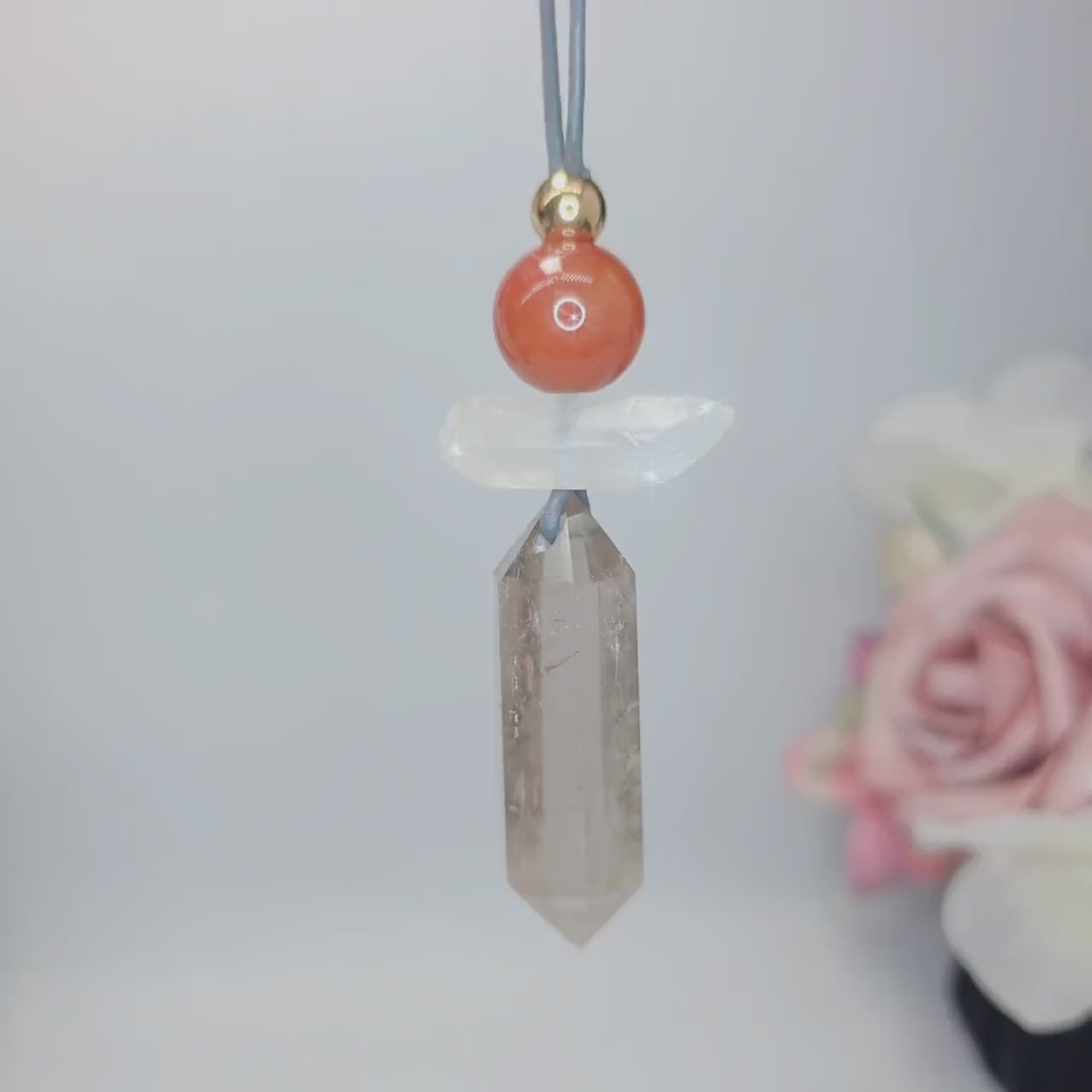 Geometric Smoky Quartz Pendant, Red Carnelian Clear Quartz Chunky Necklace, Healing Crystal Jewelry Adjustable Leather Cord up to 30" #2555