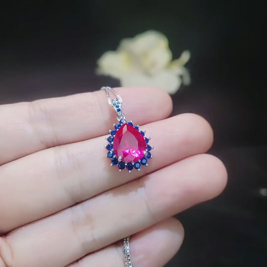 Luxury Teardrop Ruby Necklace - Blue Sapphire Halo Pear Cut 3.75 CT Large Ruby Pendant - 18KGP @ Sterling Silver #589