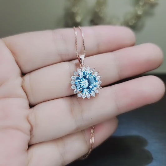 Aquamarine Necklace - 10mm Rose Gold Coated Sterling Silver Solitaire Brilliant Blue  Large Round Princess Diana Sunflower Style #931