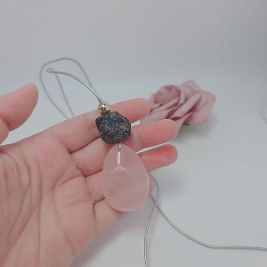 Chunky Rose Quartz Necklace Raw Black Tourmaline Jewelry Adjustable Real Leather cord Large Pink Crystal Gift Minimalist Stone Jewelry