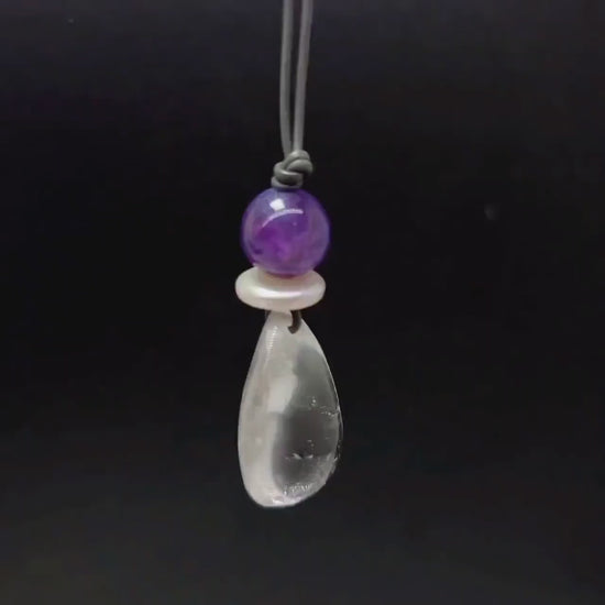 Clear Quartz Necklace, Baroque Pearl Jewelry, Natural Amethyst Pendant, Natural Chunky Stone Boho Gift, Genuine Leather cord Adjustable