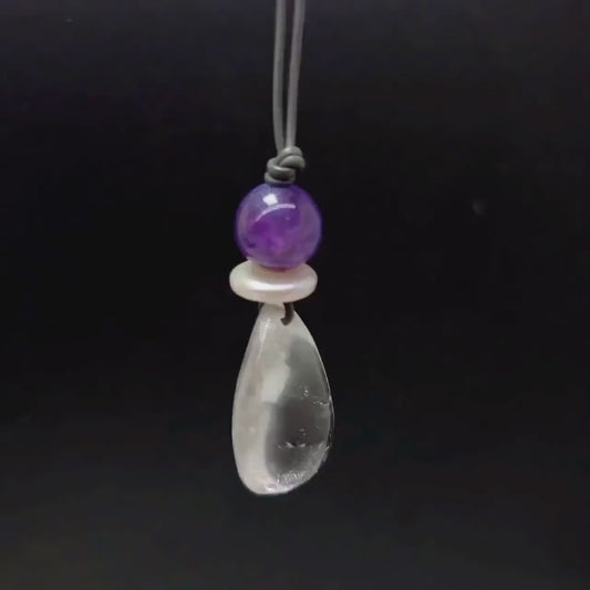 Clear Quartz Necklace, Baroque Pearl Jewelry, Natural Amethyst Pendant, Natural Chunky Stone Boho Gift, Genuine Leather cord Adjustable