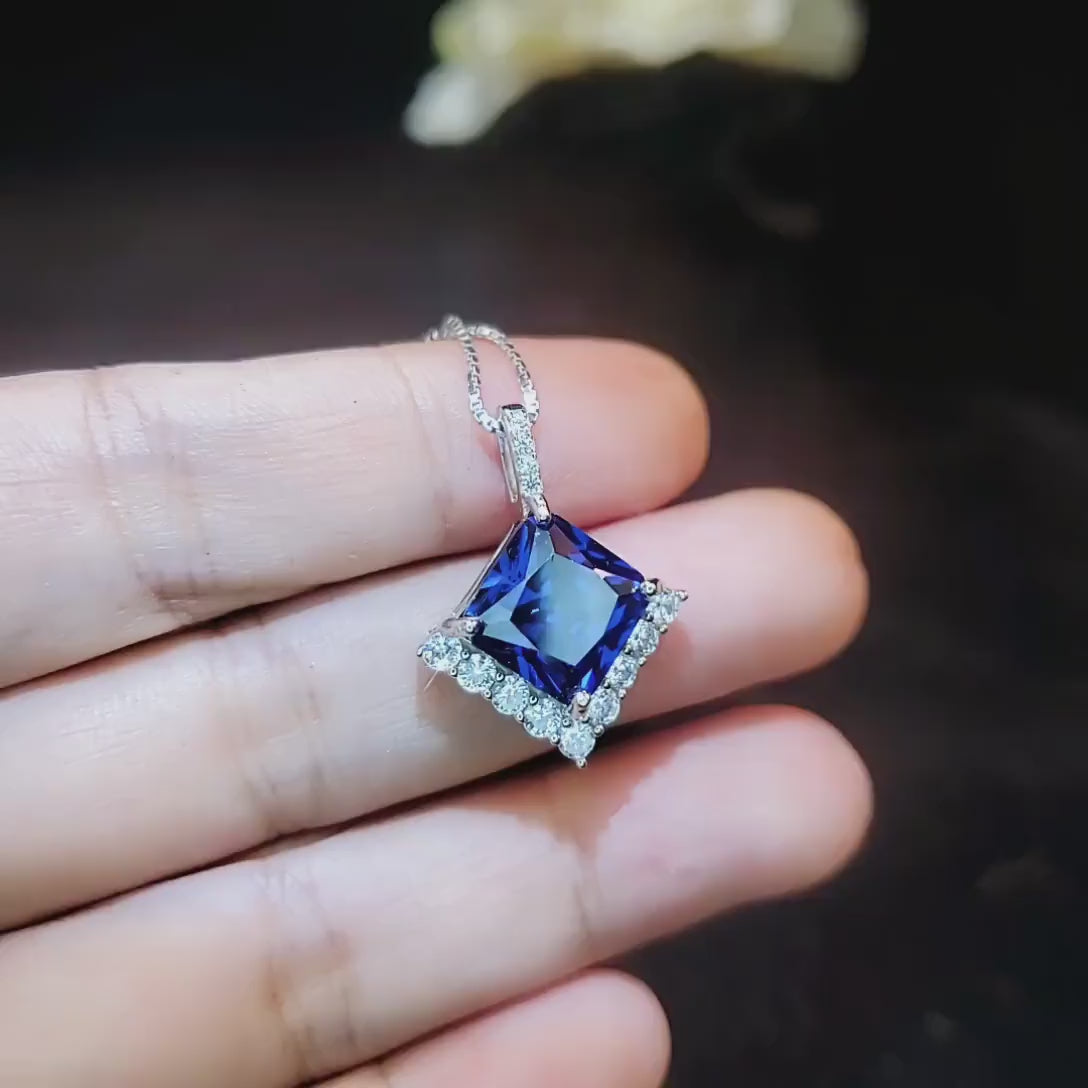 Large Gemstone Style Blue Tanzanite Necklace - 6.5 CT  Square Princess Cut - Energic Lab Created Blue Tanzanite Pendant #769
