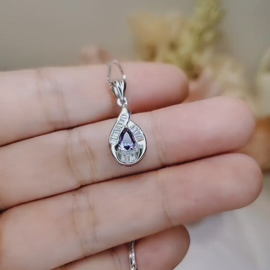 Tiny Teardrop Tanzanite Necklace - Sterling Silver Sim Dimond White Gold Plated Halo 0.5 CT Royal Blue Pear Pendant Minimalist Style 088