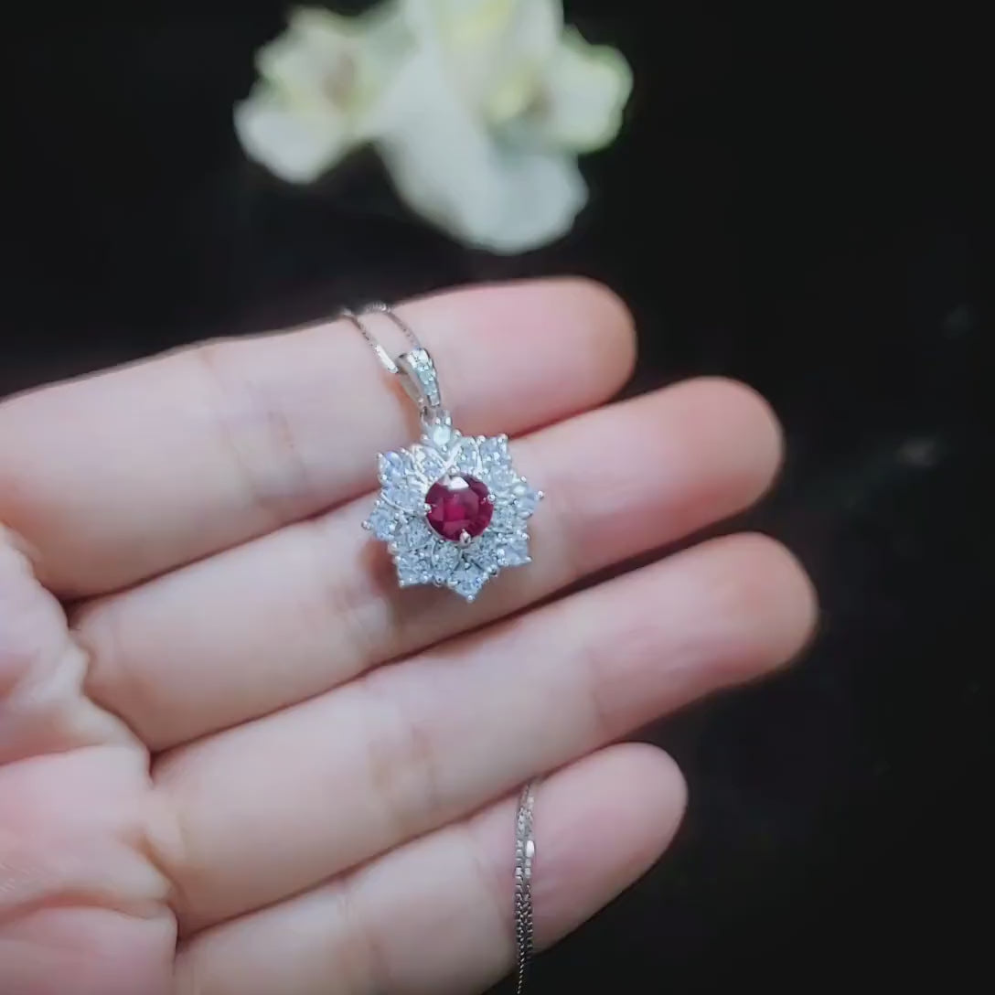 Luxury Ruby Necklace -   white sapphire - Delicate Ruby Pendant - 18k @ Sterling Silver - Diamond Snow Flower Pendant gypsophila Flower #972