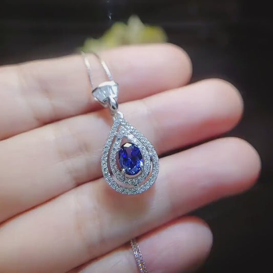 Tanzanite Necklace  - December Birthstone - 18kgp @ Sterling Silver - Double Halo Lab Created Tanzanite Pendant Jewelry #435