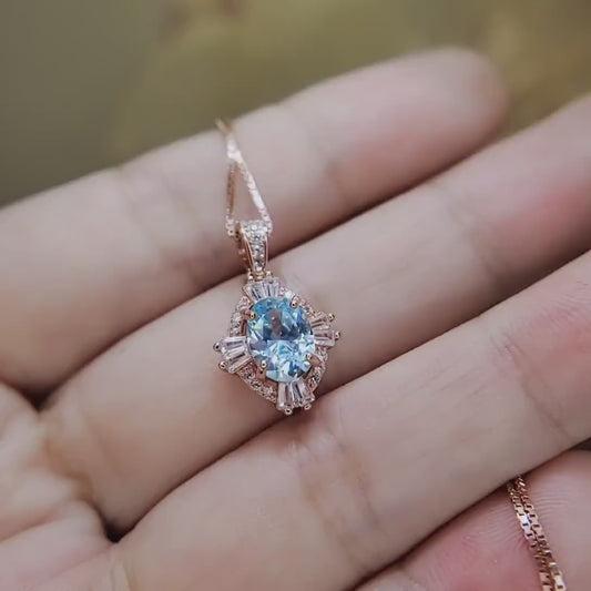 Tiny Aquamarine Necklace - Rose Gold 925 Sterling Silver Gemstone Halo Blue Aquamarine Pendant  March Birthstone 076