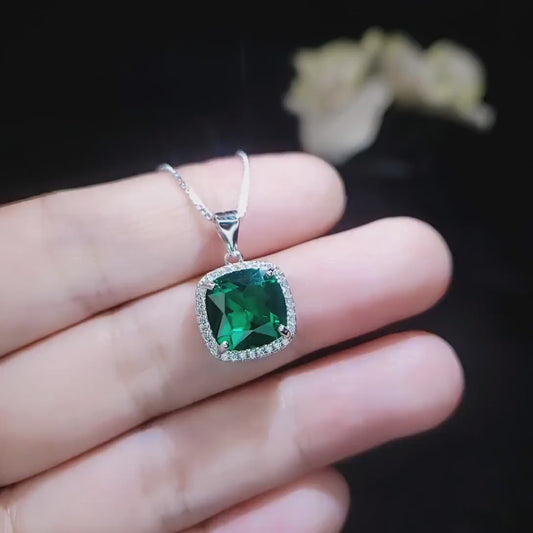 Large Emerald Necklace - Sterling Silver Square 10 mm lab created Green Emerald Pendant - May Birthstone 18KGP #958
